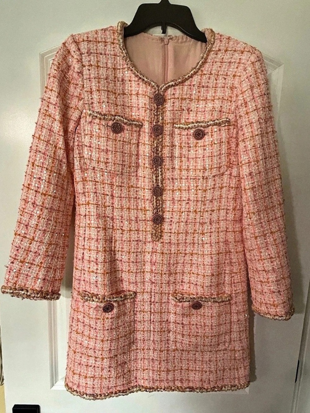 Chanel 19C Fantasy Pink Tweed Dress With Fancy CC Buttons FR36